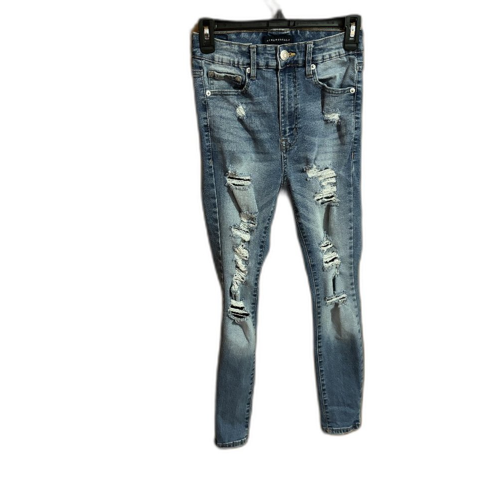 Aeropostale Super High Rise Jegging Distressed 6 Short Medium Wash Denim Legging